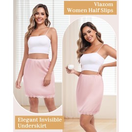 Vlazom Half Slips for Under Dresses, Silk Women's Underskirt Soft Short Waist Slips Elegant Lace Hem Petticoat Underskirts for Dresses Dusky Pink,L