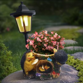 Muzzysse Outdoor Hedgehogs Statues Solar Sculptures with Solar Lights and Flowerpot Funny Garden Decor Animal Figurines Resin Outdoor Statues for Patio Yard Lawn Balcony Gifts