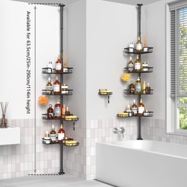 Shower Caddy Corner for Bathroom, Tension Pole, Adjustable 25in-114in Floor to Ceiling, Standing Shower Tension Rod Organizer, 4 Tier Storage Shelves with 2 Soap Holders/Hanging or Adhesive, Black