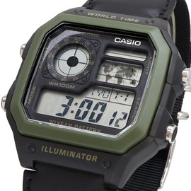 Casio World Time Digital Men's Watch AE-1200 Series International Model, Black x Green AE-1200WHB-1BV, sports