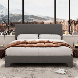 Allewie Full Size Bed Frame with Adjustable Headboard, Upholstered Platform Bed with Wood Slats, Heavy Duty Mattress Foundation, No Box Spring Needed, Noise-Free, Easy Assembly, Dark Grey