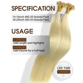 VINBAO U-Tip Extensions Real Hair Blonde Hot Fusion U-Tip Hair Extensions 35 cm 40 g / 50s Platinum Blonde Real Hair Extensions Keratin Bondings Hair 14 Inch U Tip #60