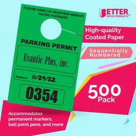 Better Office Products Parking Permit Hang Tags, 500 Pack, Temporary Parking Passes, Bulk Pack, Custom Passes Numbered 1-500, 3.15" x 4.75" Placards for Rearview Mirror (Green)