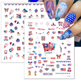 8Sheets 4th of July Flag Nail Art Stickers,American Flag Patriotic Independence Day Nail Decals 3D Self-Adhesive USA Flags Heart Star Stripes Nail Design Patriotic Stickers Manicure for Women Girls