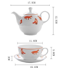 Bicuzat Orange Fox Pattern Tea Set, Ceramic Teapot, Cup & Saucer Set for Afternoon Tea Time, Office Time