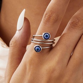 Inateannal Boho Evil Eye Rings Adjustable Open Wrap Ring Blue Eye Turkish Rings Vintage Silver Open Knuckle Finger Ring Jewelry for Women