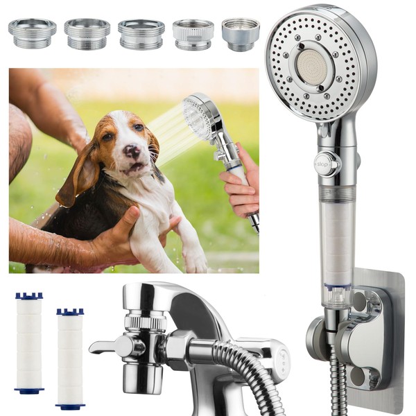 Klleyna Filter Dog Shower-Attachment for Bathtub-Faucet - ON/OFF Shower Head Attaches to Tub Spout, Pet Wash Hose Sink Sprayer (5 Adapters), Bathroom Kitchen Tap Extension for Hair Washing & Baby Bath