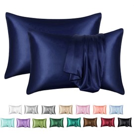 MR&HM Satin Pillowcase for Hair and Skin, Silk Satin Pillowcase 2 Pack, Queen Size Pillow Cases Set of 2, Silky Pillow Cover with Envelope Closure (20x30, Navy Blue)