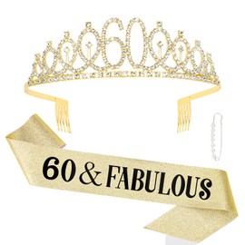 KIUEZIR Golden 60th Birthday Tiara & Sash Set - Rhinestone Alloy 60th Crown with Comb & Glitter Ribbon "60 & Fabulous" for Mom's & Grandma's Birthday Parties, Anniversaries and Photoshoots