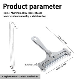 Adjustable Cheese Slicer with 4 Extra Replacement Wires Heavy Duty Aluminum Cheese Cutter Easy to Replace Handheld Steel Cheese Slicer for Cheddar, Gruyere, Raclette, Mozzarella Block (Silver)