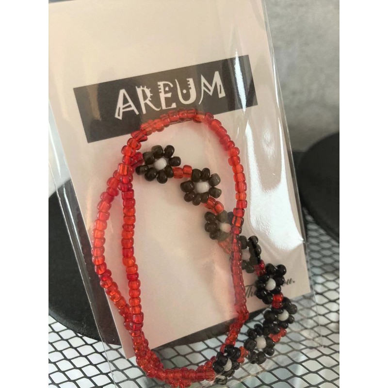 AREUM Beaded Bracelet, Red, Floral Pattern, Stretchy, Tete Worn Motif,