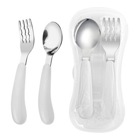 VANRA 2 Pieces Toddler Fork and Spoon Set with Travel Case 18/8 Stainless Steel Toddler Utensils Kids Silverware Children Flatware Child Cutlery Set for School Lunch Box (White)