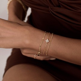 VIROMY 3PCS Gold Bracelet for Women 14K Gold Plated Clover Zircon Bracelet Satellite Chain Dot Link Trendy Simple Jewellery for Women