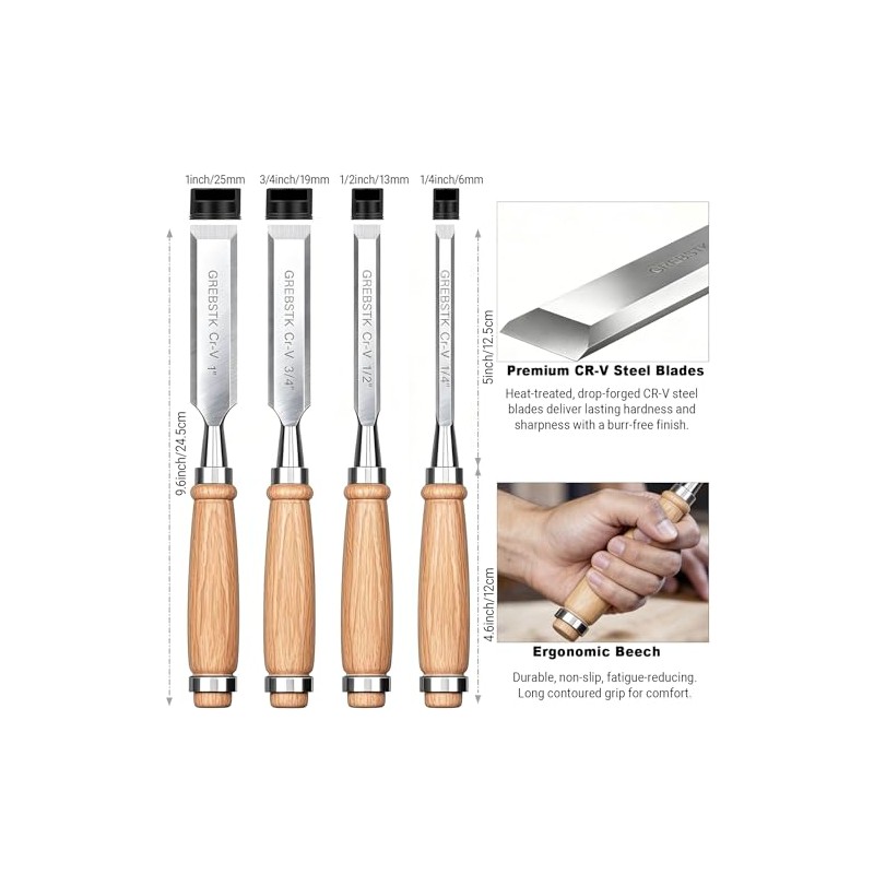 GREBSTK 4-Piece Ultra-Sharp Wood Chisel Set, CR-V Steel Beveled Blades