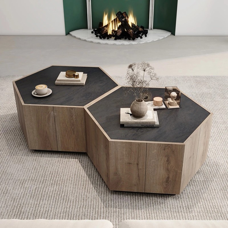 Rural Style Wood Coffee Table Hexagonal with Storage Drawers for
