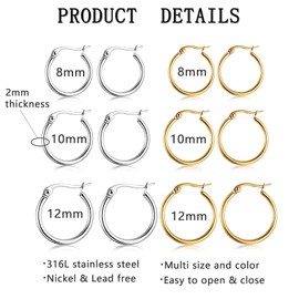 6 Pairs Gold Silver Hoop Earrings for Women Men, Small Endless Stainless Steel Hypoallergenic Earrings Set Lightweight Nickel Free Cartilage Earings