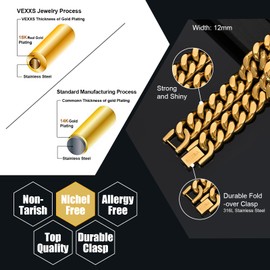 VEXXS Cuban Chain Necklace,Flat Curb Chain for Men, 10/12mm 18K Real Gold Plated Gold Chain, Durable No Color Fading Men’s Necklace Chain Street Wear Hip Pop Urban Fashion Mens Jewelry Gift