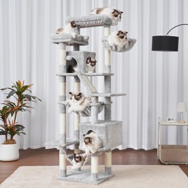Heybly Cat Tree，71-Inch Tall Tower for Indoor Cats with 2 Perches, 2 Big Condos, 2 Hammocks, Basket, Scratching Pad，Large Cat Furniture and Condo, Light Gray HCT034W