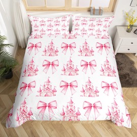 feelingyou Pink Bowknot Kids Duvet Cover Set Single Size,Castle Tale Princess Bedding Set,Girls Women Room Decor,Bow Tie Butterfly Knot Girlish Romantic Fashion Quilt Cover,1 Pillowcase(No Comforter)