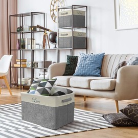 Sorbus Fabric Storage Cubes 15 Inch, 3 Pack, Grey, Jute and Cotton, Rectangular Baskets with Script Text, Foldable Storage Bins for Organizing, Decorative Baskets for Shelves