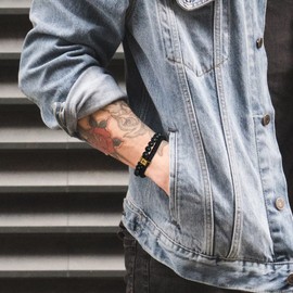 Raymard Mens Christian Cross Braided Leather Bracelet, Black Nature Stone Beaded Bracelet for Men-Gold