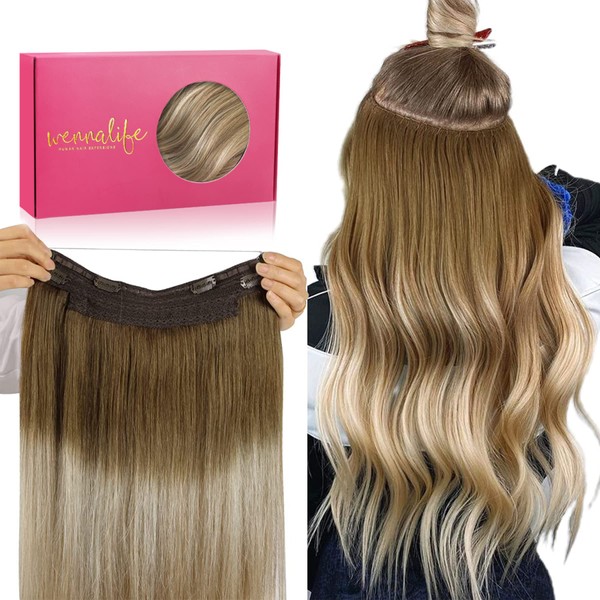 WENNALIFE Secret Hair Extensions Real Hair, 30 cm, 12 Inches 75 g Ombre Walnut Brown to Ash Brown and Bleach Blonde Hair Extensions Real Hair Invisible Wire Hair Extensions