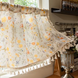 Deeprove Boho Valance 18 Inch Long for Windows Cafe Kitchen Modern Watercolor Botanical Gold Yellow Florals Print Curtain with Fringe Small Short Treatment for Fall Decorative 1 Panel 52W x 18L