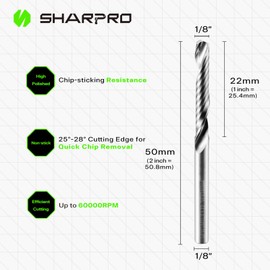 SHARPRO O Flute Upcut Spiral Router Bit 1/8 Inch Shank 1/8 Inch Cutting Dia. Carbide Single Flute CNC Router Bit, Ideal for Aluminum, Plastic, Acrylic, Wood, MDF and PVC
