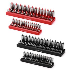 AIRTOON 1/4-Inch & 3/8-Inch Drive Socket Organizer Trays, 4-Piece SAE and Metric Socket Tray Set, Deep and Standard Socket Holders Organizers for Toolbox, Black & Red