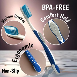 ALAZCO Value Set of 7 Medium Bristles Toothbrush Comfort Hold Soft Silicone Non-Slip & Ergonomic Comes with 4 Toothbrush Ventilated Covers Easy Storage & Travel BPA- Free