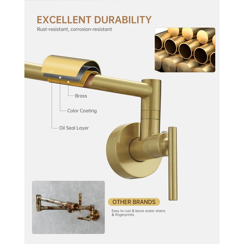 Fransiton Brushed Gold Pot Filler, Pot Filler Faucet Wall Mount,