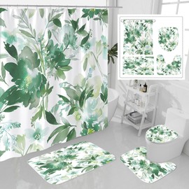 Litabel 4 Pcs Sage Watercolor Floral Shower Curtain Sets with Rug, Toilet Lid Cover and Bath Mat, Botanical Flower Shower Curtains for Green Bathroom Decor, White Fabric Waterproof Bathroom Set