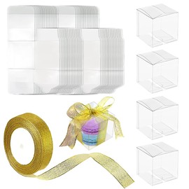 DOERDO 1 Roll+50 Pcs Clear Plastic Boxes Glitter Wrapping Ribbon, 2 x 2 x 2 Inch Macaron Cookie Cupcake Candy Box for Wedding Party Baby Shower Favors