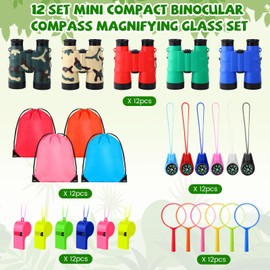 Foilswirl 12 Set Binocular Compass Magnifying Glass Set Christmas Birthday Gift Small Telescope Binocular with Whistle Bag for Outdoor Exploring Stocking Stuffer(Fresh Color,Vivid)