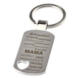 Keyring pendant with heart cut-out and engraving "Eigenschaften einer Mama" (German language) - chrome – gift- mother – mum - mother's day or Christmas gift