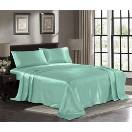 Pure Bedding Satin Sheets Full [4-Piece, Turquoise] Hotel Luxury Silky Bed Sheets - Extra Soft 1800 Microfiber Sheet Set, Wrinkle, Fade, Deep Pocket Fitted Sheet, Flat Sheet, Pillow Cases