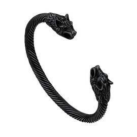 FaithHeart Norse Viking Cuff Bracelet, Stainless Steel Mens Bangle Bracelet Nordic Wolf Head for Men Pagan Protection Talisman Bracelet for Dad Friend