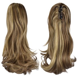 Sofeiyan 33 cm Ponytail Extension Long Curly Ponytail Clip in Claw Hair Extension Natural Looking Synthetic Hairpiece for Women, Golden Brown & Light Blonde