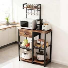 Bakers Rack with Storage,Microwave Stand with Drawer,6 Tier Coffee Bar Organizer Station,Adjustable Microwave Stand with Hooks,Free Standing Kitchen Appliance Storage Shelf,Baker Rack for Spices,Pots