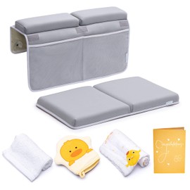 Bath Kneeler and Elbow Rest Pad, 1.75 inch Extra Thick Baby Bath Kneeling Pad and Elbow Pad for Bathtub. Bath Tub Elbow Pad with Infant Toy and Baby Accessories Organizer, Grey