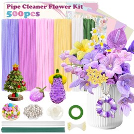 500Pcs Pipe Cleaners Craft - All-in-One DIY Flower Making Kit with 5 Colors Chenille Stems, Floral Stem Wires, Floral Tape, Stamens, Ribbon, Pearl & Pom Pom Accents, Bouquet Wrapping Paper (Purple)