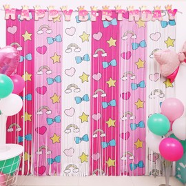 Kawaii Birthday Party Decoration, 1 Pack Cartoon Cat Kitty Party Photo Booth Prop, Bow Fringe Curtains Tinsel Photo Streamers Backdrop for Girls Kitty Theme Party Supplies