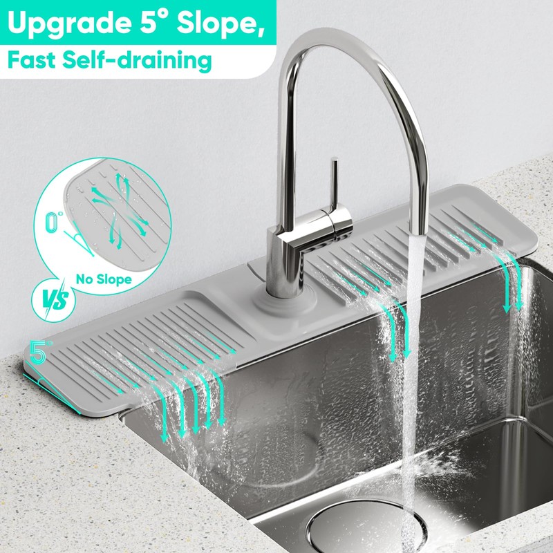 24 Inch Longer Faucet Mat for Kitchen Sink [5°Slope Fast