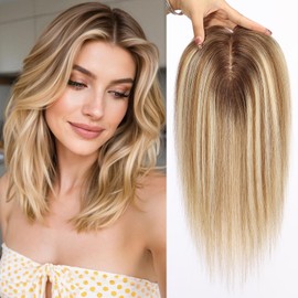 HAIRCUBE Hair Toppers For Women With Thinning 5"*5" Large Base Real Hair Toppers For Women, 14 Inch For Hand-Woven, 60g, Silk, Natural, realistic, Use Daily, Hairloss, Blonde Mixed Brown, No Bangs