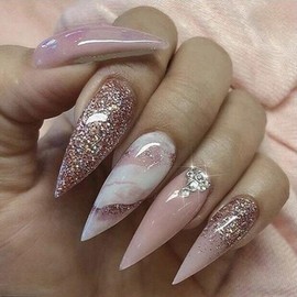 24Pcs Almond False Nails, Glitter Nude Pink White Acrylic Long Full Cover Press on Detachable Stick for Women DIY