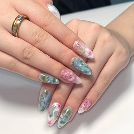 24 Pcs Spring Press on Nails Short Almond,YIHONGYAN 3D Pearl Fake Nails Press ons Blue Nail Tip Acrylic Kit Glue on Nails Full Cover False Nails with Flowers Design Stick on Nails for Woman