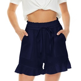 LNX - Pantalones cortos de lino para mujer, cintura alta, pierna ancha con cordón, pantalones cortos de playa de verano con bolsillos, marino, 3X-Large