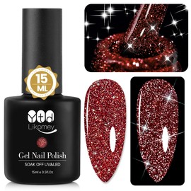 YTD Likomey Reflective Glitter Gel Nail Polish,15ml Burgundy Red Flash Diamond Shimmer Gel Polish,Sparkly Shiny Salon Manicure Spring Gift UV Nail Gel Varnish,SZ007