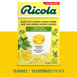 Ricola No Sugar Added Lemon Mint Cough Suppressant Throat Drops, 18 Count Box (Pack of 10)