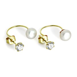 9ct Gold 4mm Round CZ Crystal & 6mm Freshwater Pearl Double Side Stud Earrings